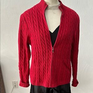 VINTAGE Red LL BEAN Cable Knit Zip-Up Sweater sz M